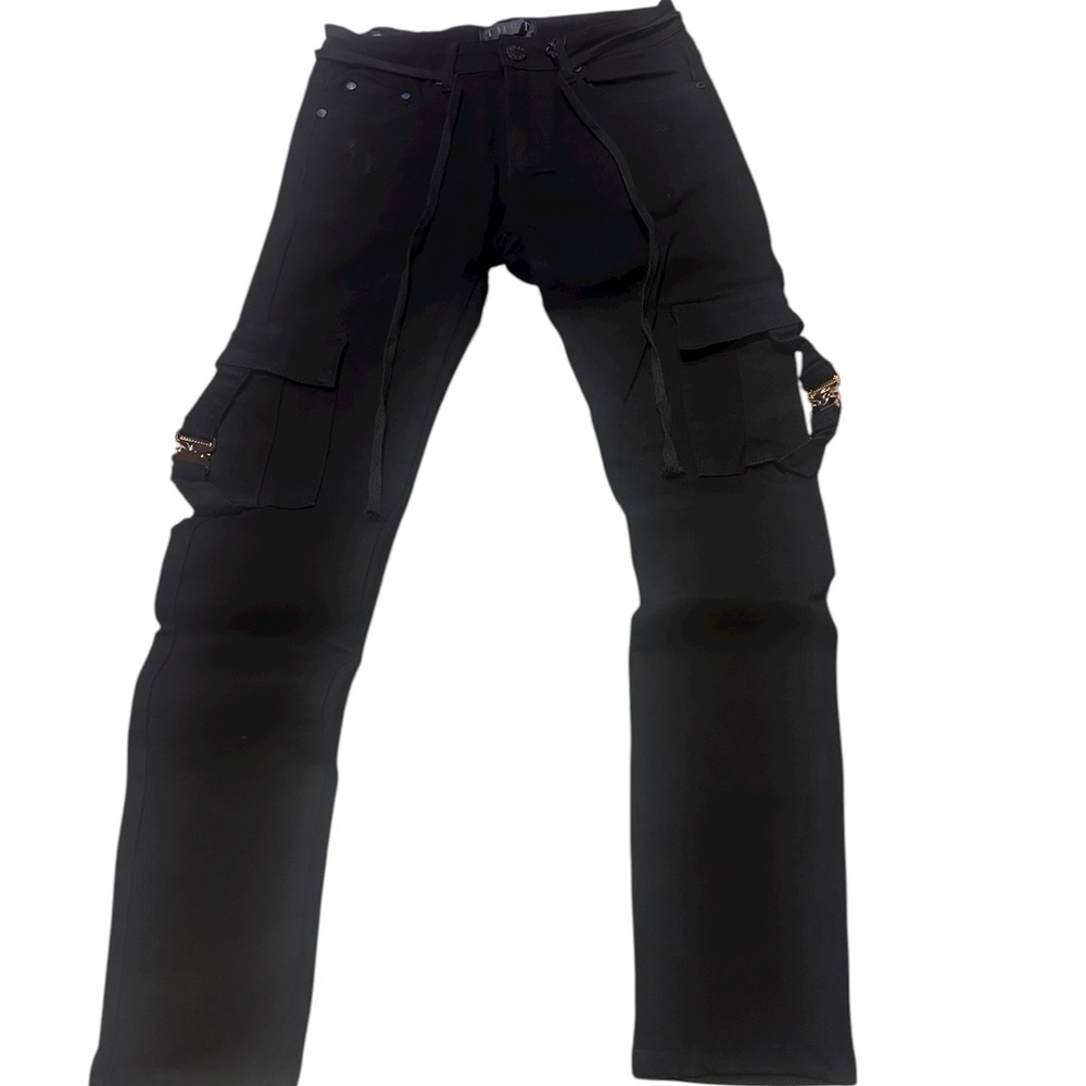 New w/ tags THRT Panther Black Cargo Pants with Gold Buckle Detail, Size 30
